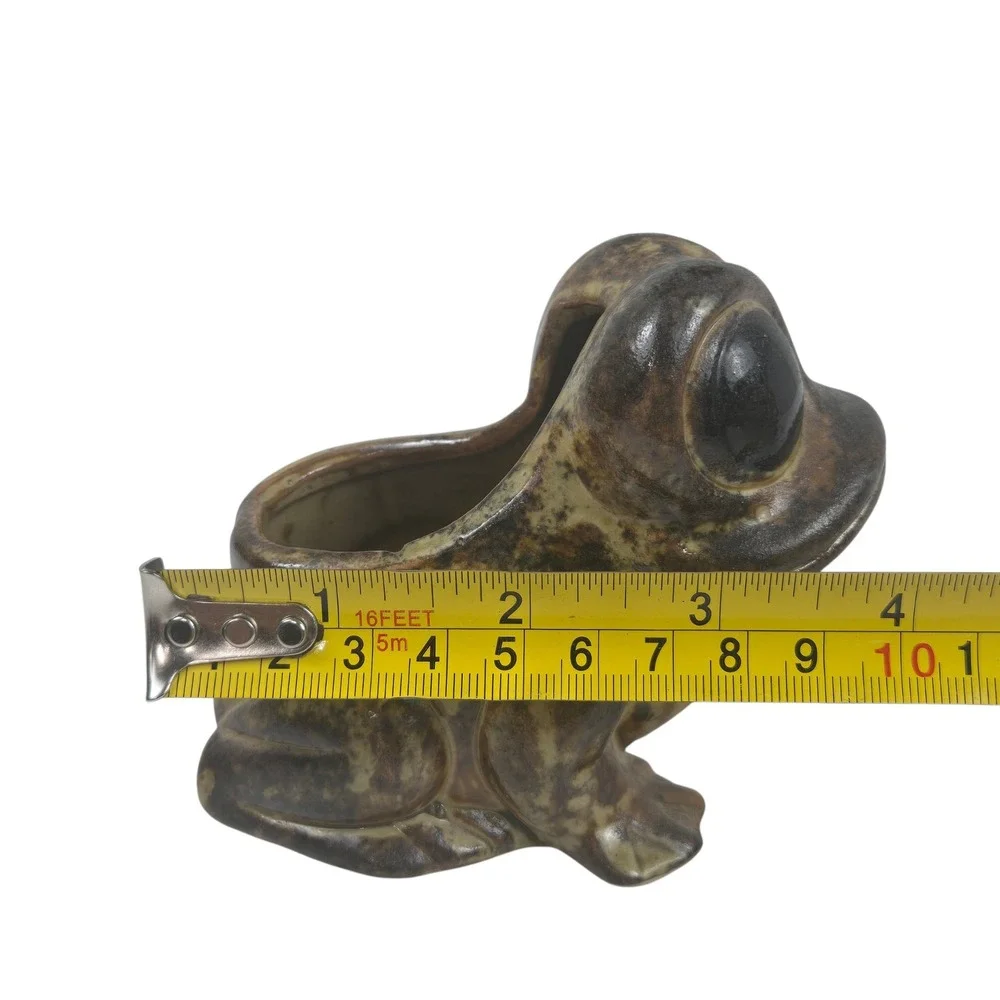 Vtg 70s Big Eyed Frog Glazed Pottery Planter Figurine Brown Small Succulent Pot